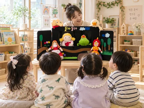 교사가 들려주는 인형극을 무대 앞에 앉아 관람하는 아이들의 이미지