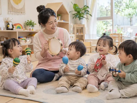 교사와 함께 탬버린, 방울 악기와 마라카스로 리듬을 즐기는 아이들의 이미지