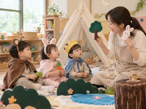 동물 머리띠와 왕관을 쓰고 동화 속 역할놀이에 참여하는 아이들의 이미지