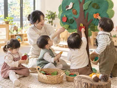 나무 모양 교구에 과일과 나뭇잎을 붙이며 자연을 표현하는 아이들의 이미지