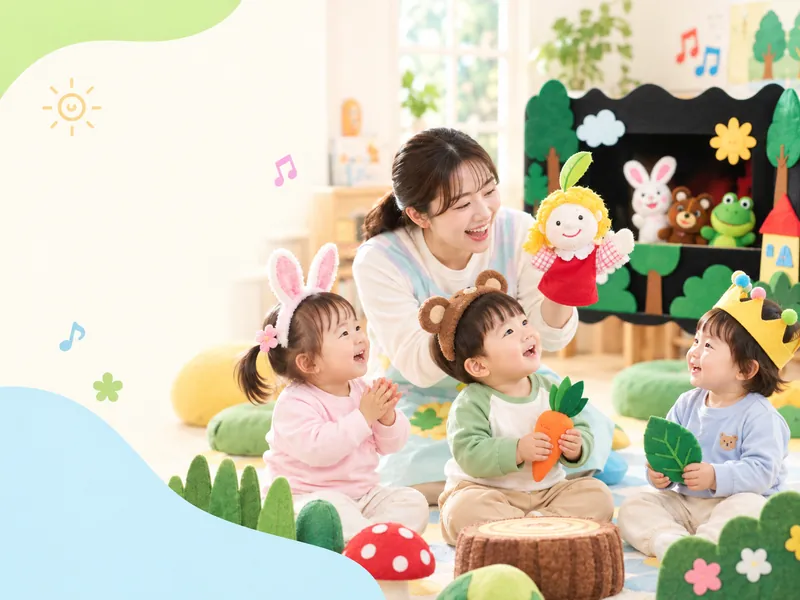 동물 머리띠와 동화 소품으로 상상놀이에 참여하는 아이들의 이미지