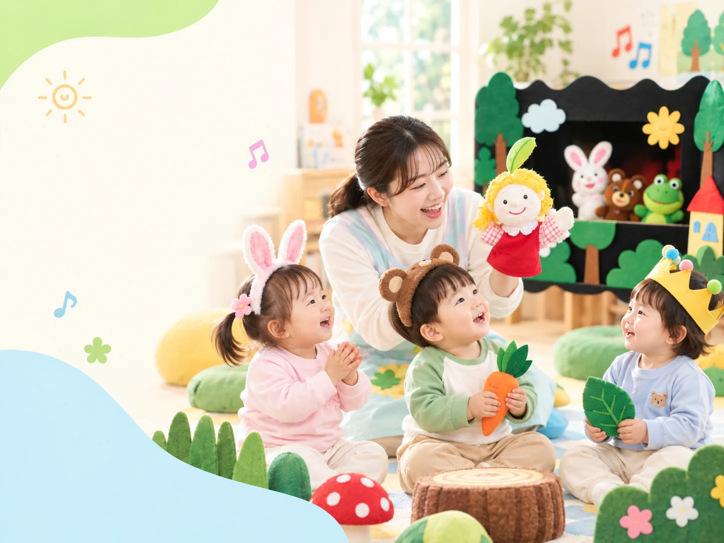 동물 머리띠와 동화 소품으로 상상놀이에 참여하는 아이들의 이미지
