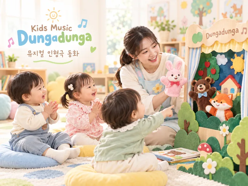 교사와 함께 인형극 속 동화를 만나는 아이들의 이미지