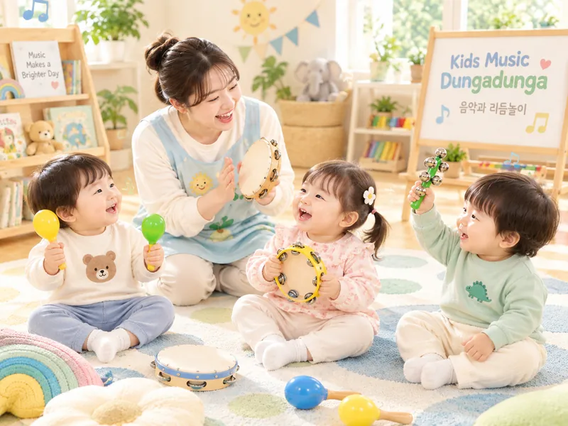 교사의 탬버린에 맞춰 마라카스와 방울 악기로 리듬을 즐기는 아이들의 이미지