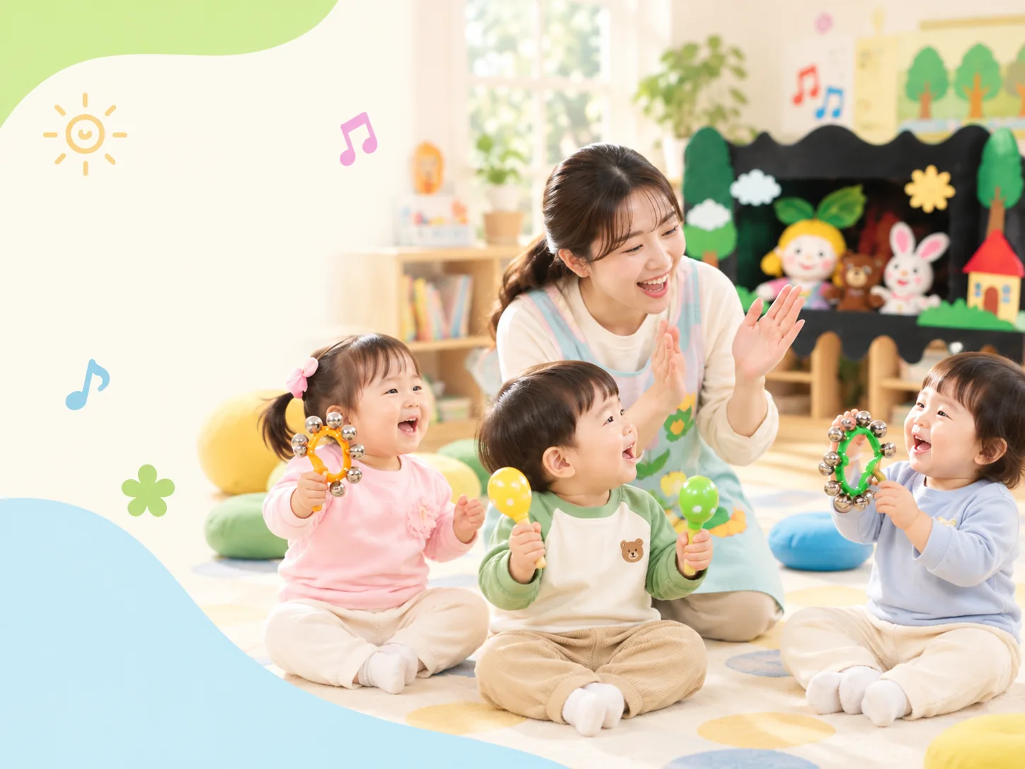 방울 악기와 마라카스로 리듬을 경험하는 아이들의 이미지