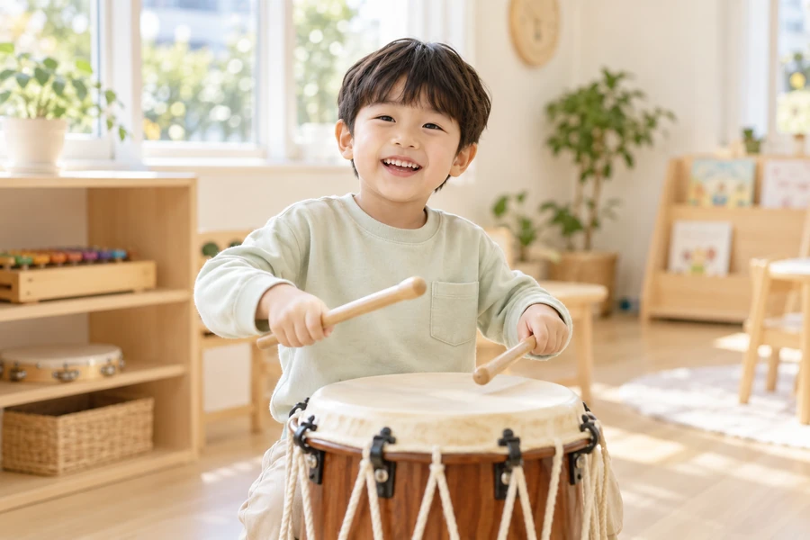 두 개의 채로 난타북을 연주하는 아이