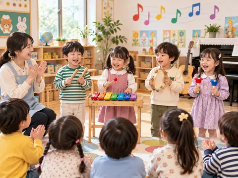 교실에서 친구들을 향해 리듬 악기를 연주하는 이미지