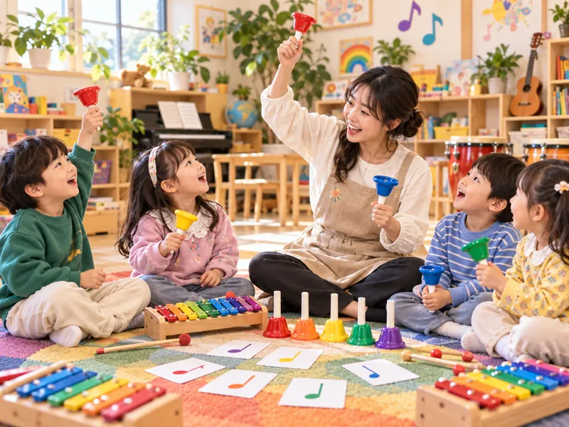 실로폰과 컬러벨을 탐색하며 소리의 높낮이를 경험하는 이미지
