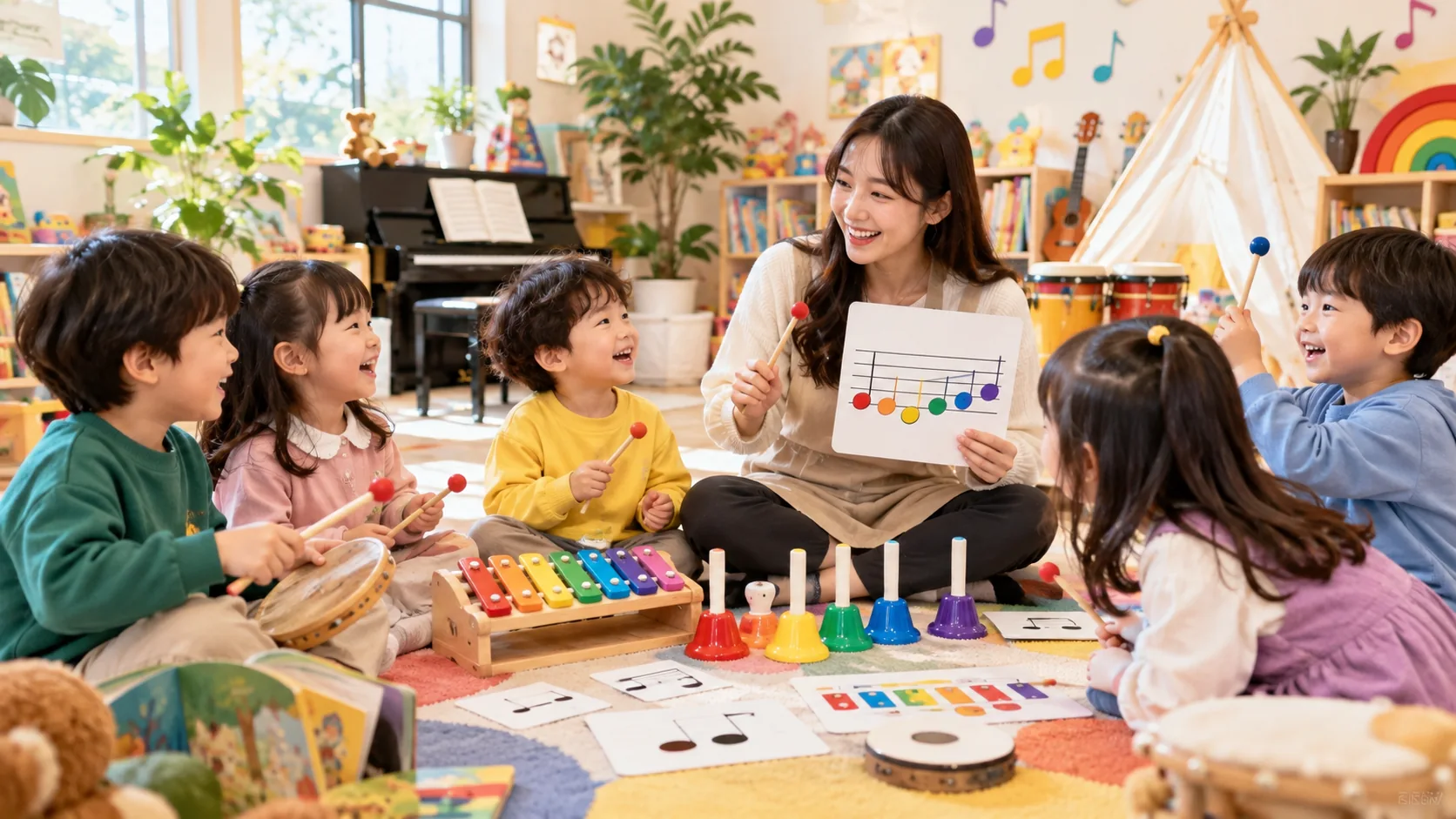 교사와 아이들이 색색의 악기와 음악 교구로 음악이론놀이를 하는 이미지