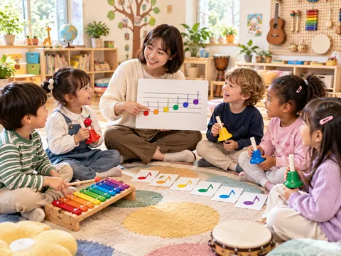 계이름 교구를 보며 컬러벨로 음높이를 경험하는 이미지