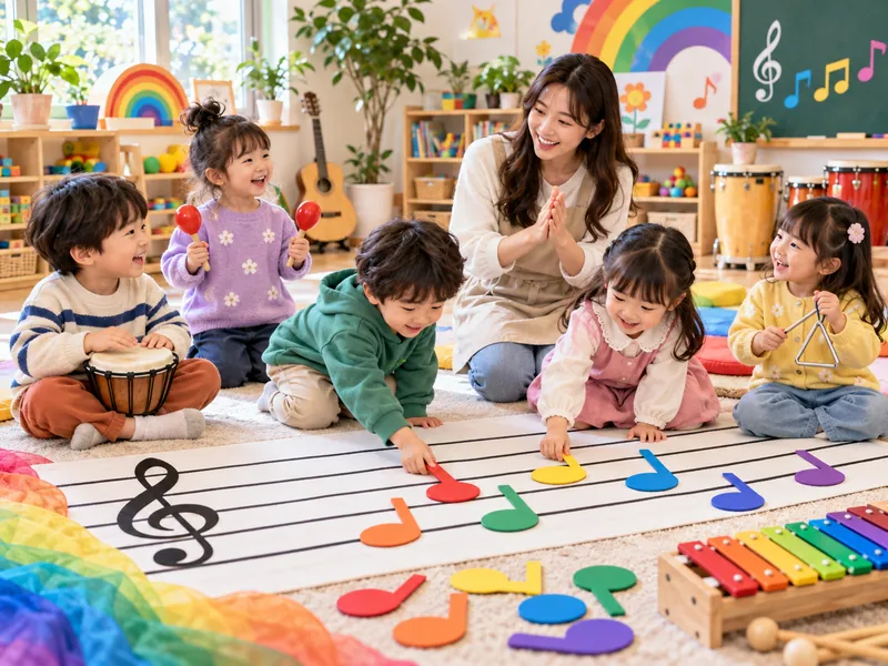 큰 오선 교구 위에서 색색의 음표를 옮겨보는 이미지