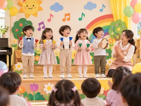 관객 앞의 작은 무대에서 함께 악기를 연주하는 이미지