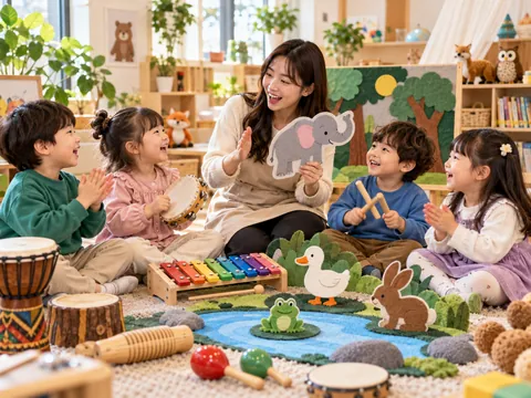 동물 이야기 교구와 악기로 음악놀이를 하는 이미지