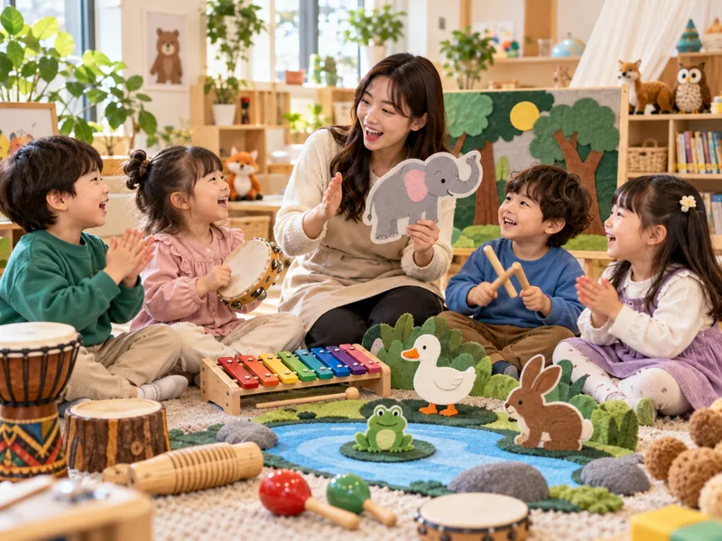 동물 이야기 교구를 보며 리듬 악기로 표현하는 교사와 아이들의 이미지